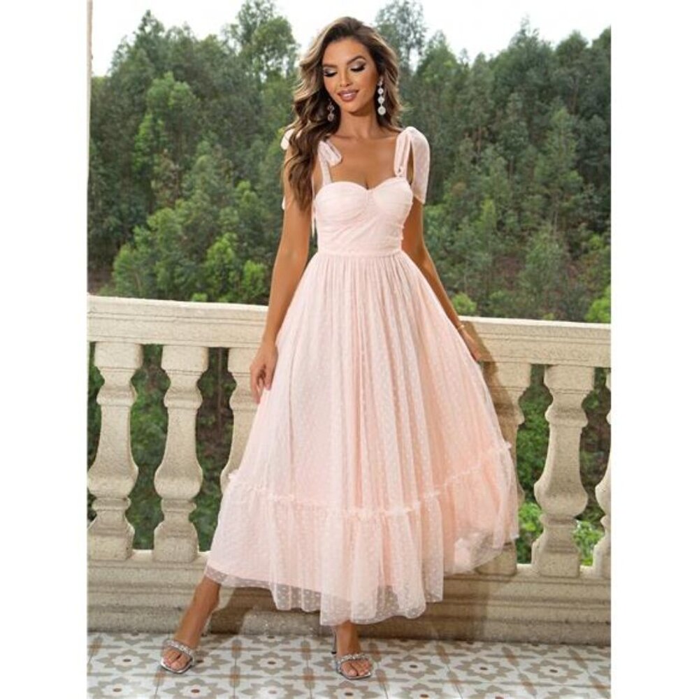 63- NEW Elegant Baby Pink Tie Shoulder Ruffle Hem Mesh Cami Dress